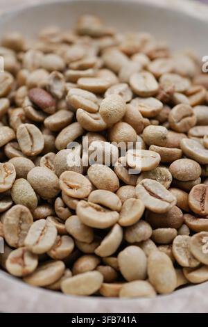 Grüne Kaffeebohnen, bereit zum Rösten, in einer Schüssel Stockfoto