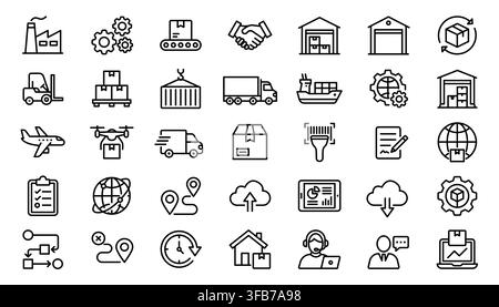 Logistik-Versand-Lager-Lieferlinie-Symbol-Set-Vektor Stock Vektor
