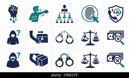 Symbole für Strafrecht und Justiz, die Diebstahlsicherheit, Fingerabdrücke, Handschellen und Gerichtswaagen darstellen. Stock Vektor