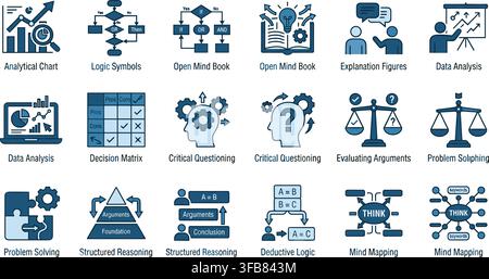 Logisches Denk-Symbolset mit blauen analytischen Symbolen, entworfen für die professionelle Geschäftstrategieentwicklung. Stock Vektor