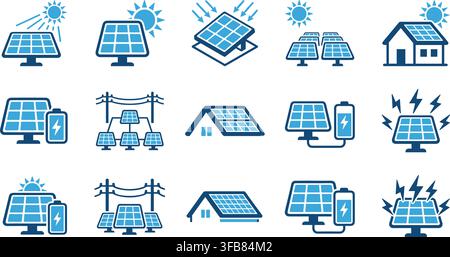 Solare-Panel-Symbolset in blauen Farben, das saubere Energieerzeugung und erneuerbare Stromsystemsymbole zeigt. Stock Vektor
