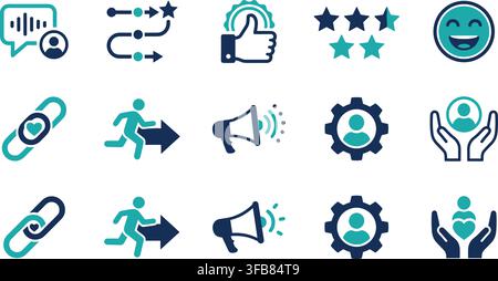 Benutzererfahrung und Social-Media-Vektor-Icons mit Workflow-Prozess und Kundenfeedback für digitales Marketing. Stock Vektor