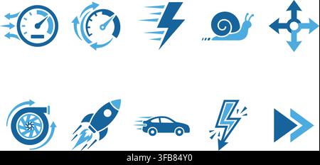 Schnellmessungs-Symbol-Set im blauen Monochrom-Stil für schnelles Leistungsverfolgung und Bewegungsmetriken. Stock Vektor