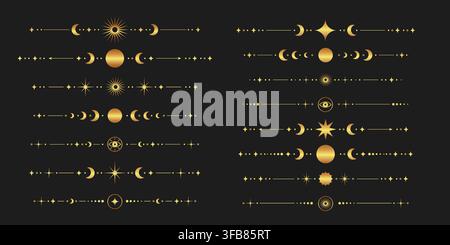 Satz aus goldenen Tarot-Trennern mit himmlischen Mond-, Sternen-, Sonnen- und goldenen Symbolen, Mondphasen, mystischem Auge und dekorativen Trennern auf dunklem Hintergrund Stock Vektor