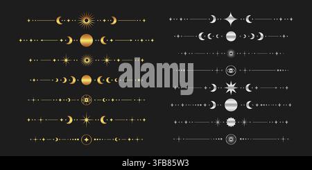 Satz aus goldenen und silbernen Tarot-Trennern und -Trennwandern mit himmlischen Mond-Sternen-Sonnen-Symbolen, Mondphasen, mystischem Auge und dekorativen metallischen Elementen Stock Vektor