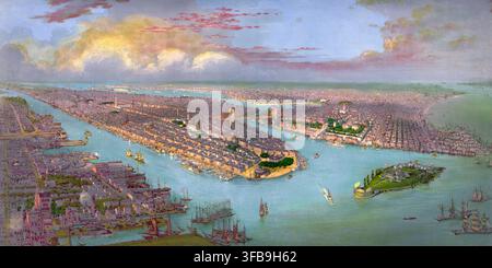 New York City und New York Harbor um 1885, erkennbar an der neu gebauten Brooklyn Bridge über den East River. Im Vordergrund befindet sich die Südspitze von Manhattan, Lower Manhattan, mit Battery Park, dem Hudson River links und dem East River rechts sowie Governors Island und Brooklyn im Hintergrund. Amerikanische Geschichte, authentisch, digital restaurierte Reproduktion eines Originals aus dem 19. Jahrhundert, genaues Darstellungsdatum unbekannt. Historisch Stockfoto