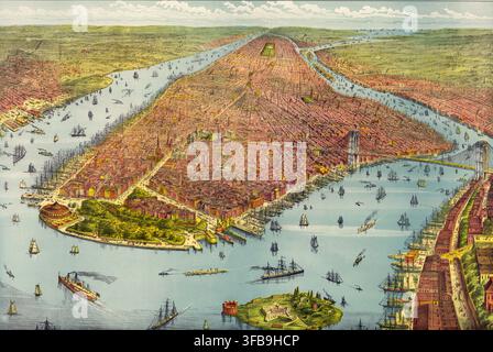Vogelperspektive von Manhattan, New York City, aus dem Jahr 1879. Zu sehen sind der noch unvollständige Bau der Brooklyn Bridge (die erst 1883 eröffnet wurde) rechts, der geschäftige Schiffsverkehr mit Segel- und Dampfschiffen sowie Central Park im oberen Drittel der Insel. Amerikanische Geschichte, authentische, digital restaurierte Reproduktion eines Originalwerks aus dem 19. Jahrhundert, genaues Datum der Darstellung unbekannt. Historisch Stockfoto
