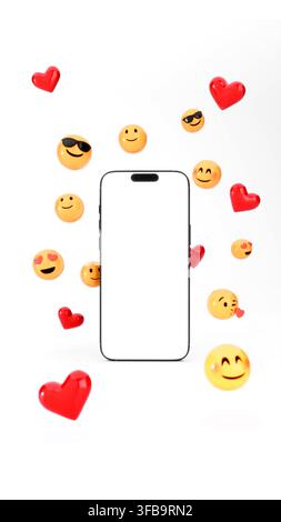 3D-Smartphone-Modell mit leerem Bildschirm, umgeben von bunten Emojis auf weißem Hintergrund. Social-Media-Kommunikationskonzept mit Kopierraum und hoch Stockfoto