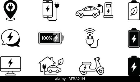 Satz von Elektroauto- und Stromsymbolen mit schwarzen Linienentwürfen für Ladestationen und Batteriestatus. Stock Vektor