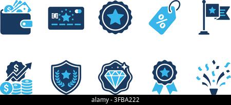 Belohnungs- und Treueprogramm-Symbolset zeigt blaue Premium-Symbole für Einzelhandelsrabatte und Kundenerfolg. Stock Vektor