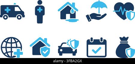 Sicherheits- und Schutz-Symbolset blau für Versicherungen im Bereich Gesundheit, Haus, Auto, Reisen und finanzieller Sicherheit. Stock Vektor