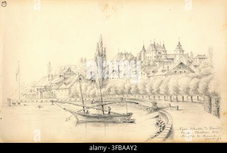 Eine Zeichnung des alten Château de Baillie de Berne, Nyon, im Kanton Waadt, Schweiz, von Frank Russell, aus seinem Album mit Originalzeichnungen, datiert August 1890. Stockfoto