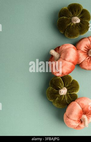 Weiche, samtige dekorative Kürbisse in orangefarbenen und olivgrünen Tönen sind entlang der rechten Seite angeordnet mit sauberem Hintergrund. Gleichmäßige Beleuchtung betont die weiche Textur Stockfoto