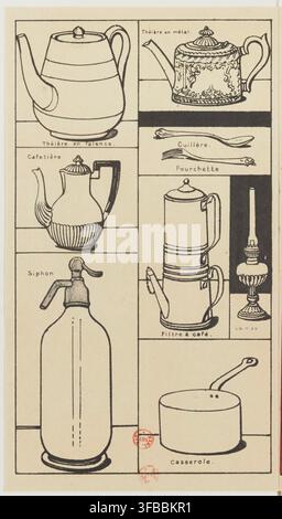Eine Illustration aus dem Jahr 1920 verschiedener Küchenutensilien und Geräte, darunter eine Metall-Teekanne, eine Fayence-Teekanne, eine Kaffeemaschine, ein Löffel, eine Gabel, ein Syphon, ein Kaffeefilter und ein Auflauf, aus einem Kinderbuch. Stockfoto