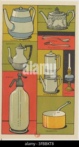 Eine Illustration aus dem Jahr 1920 verschiedener Küchenutensilien, darunter ein Teekessel, eine Kaffeemaschine, ein Löffel, eine Gabel, ein Siphon, ein Kaffeefilter, eine Lampe und ein Auflauf, aus einem Kinderbuch. Stockfoto