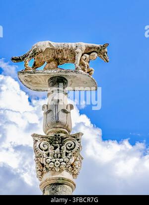 Bild des Denkmals, des kapitolinischen Wolfs, der die Gründer Roms, Romulus und Remus, darstellt Stockfoto
