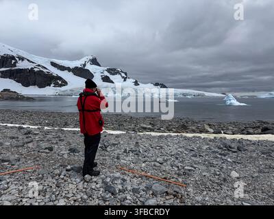 Rückansicht eines Mannes, der durch ein Fernglas Pinguine an einem felsigen Strand auf Cuverville-Insel, Antarktische Halbinsel, Antarktis betrachtet Stockfoto