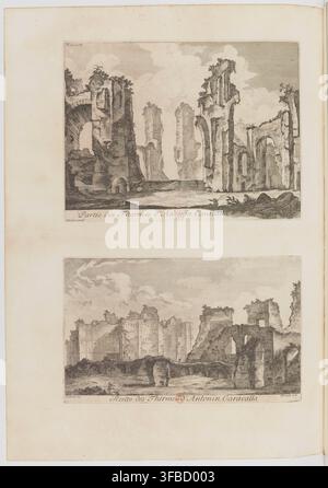 Die Ruinen der antiken römischen Bäder von Caracalla, in einem Kupferstich von 1761, zeigen die Überreste der Thermae Antoninianae, eines monumentalen Komplexes in Rom, Italien. Stockfoto