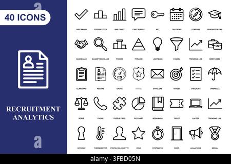 Eine umfassende Sammlung von vierzig professionellen Strichzeichnungen-Icons für Business, Personalbeschaffung und Datenanalyse. Stock Vektor