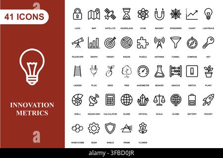 Eine umfassende Sammlung von Umriss-Icons, die Technologie-, Innovations- und Geschäftsentwicklungskonzepte darstellen. Stock Vektor