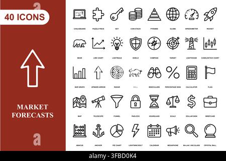 Eine umfassende Sammlung von vierzig Strichzeichnungen-Icons für Geschäfts-, Finanz- und Marktanalyseprojekte. Stock Vektor
