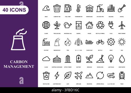 Eine Sammlung von vierzig Umriss-Icons, die Konzepte des Kohlenstoffmanagements, der Ökologie und der Umweltverträglichkeit repräsentieren. Stock Vektor