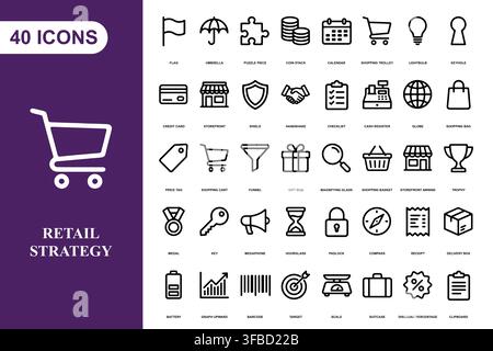 Eine Sammlung von vierzig Umriss-Icons, die Einzelhandelsgeschäft, Einkaufen und kommerzielle Strategiekonzepte darstellen. Stock Vektor
