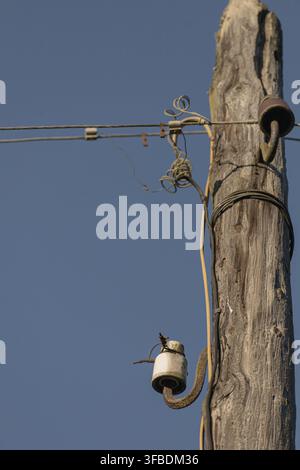 Alter hölzerner Strommast mit Stromleitungen vor einem klaren blauen Himmel. Ländliche Strominfrastruktur bei natürlichem Tageslicht. Stockfoto