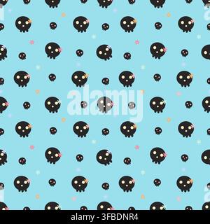 Niedliches nahtloses Muster mit schwarzen Totenköpfen und winzigen Pastellblumen auf einem hellblauen Hintergrund. Süßes gruseliges Design, das Kawaii- und Gotikelemente kombiniert Stock Vektor