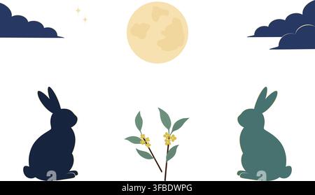 Mittelherbstfest-Design-Element-Sammlung mit Mondhasen und Osmanthus-Zweigen Vektor-Clipart. Isolierte handgezeichnete Vektor-Sammlung Grußkarten, Poster, Banner, Etiketten, Verpackungen oder saisonale Projekte Stock Vektor