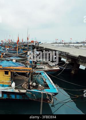 Traditionelle vietnamesische Fischerboote, die in der Sơn Trà Marina, Đà Nẵng, Vietnam, angelegt sind – fotografiert am 25. März 2026. Stockfoto