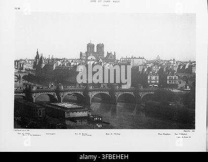 Eine Stadtansichtsfotografie aus dem 19. Jahrhundert von Paris, die Brücken über die Seine zeigt, darunter den Pont Neuf, Pont au Change und Pont St Michel, mit verschiedenen Wahrzeichen wie der Conciergerie, Rue de Harlay und der Statue von Henri IV, datiert 1840. Stockfoto