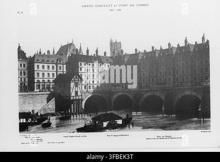 Eine Fotografie einer alten Brücke über Wasser mit Gebäuden im Hintergrund, insbesondere dem Chatelet und Pont au Change in Paris, wie in einer historischen Zeichnung oder einem Plan von 1647-1788. Stockfoto