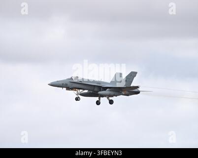 Spanische Luftwaffe EF-18M Hornet landet mit ausgefahrenem Fahrwerk Stockfoto