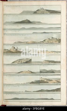 Ein Druck von 1801 mit Küstenansichten, darunter Pendennis Castle und St. Mawes Castle nahe Falmouth, sowie verschiedenen Perspektiven auf The Lizard, Land's End und Doomman, mit angegebenen Entfernungen und Richtungen. Stockfoto