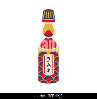 Ramune-Sodaflasche Sommerfest Japans, Matsuri-Feiertags-Icon. Glasflasche eines Getränks, verziert mit traditionellem japanischem Seigaiha-Wellenmuster in roten, blauen oder goldenen Farben und verkröpftem Hals Stock Vektor