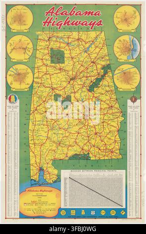 Eine Karte der Highways von Alabama aus dem Jahr 1946, die staatliche und US-Highways, Flughäfen, Erste-Hilfe-Stationen und andere Straßen detailliert abbildet, mit einem Index von Städten und Ortschaften. Stockfoto