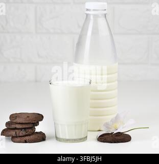 Eine volle Tasse Milch aus Glas und eine klare Plastikflasche mit Milch, neben einem Stapel runder Schokoladenkekse auf einem weißen Tisch Stockfoto