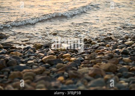 Nahaufnahme von kleinen glatten Kieselsteinen und Felsen an einer Meeresküste mit sanften schaumigen Wellen, die über den nassen Uferrand schwappen, bei Abendlicht. Stockfoto
