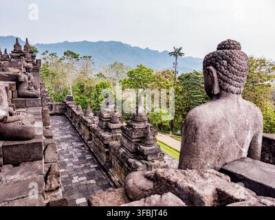 Alte Stein-Buddha-Statuen, die auf den Terrassen des Borobudur-Tempels sitzen. Ein UNESCO-Weltkulturerbe in Magelang. Jawa Tengah. Indonesien Stockfoto