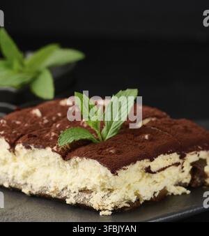 Ein Stück Tiramisu mit Kakao auf einem Zweig frischer Minze auf schwarzem Hintergrund Stockfoto