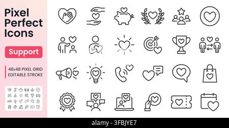 Charity-Linien-Icon-Set. Kundenservice, Hilfe, Gemeinschaftsunterstützung, Spende, Loyalität, Feedback und Unterstützung lineare minimale Vektorillustration. Einfach Stock Vektor