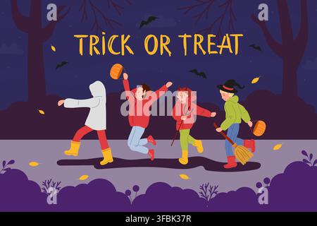 Glückliche Kinder in Halloween-Kostümen, die auf dem Rasen in einem dunklen Wald spielen, mit Fledermäusen im Hintergrund. Vektorszene für Karte, Poster, Aufkleber Stock Vektor