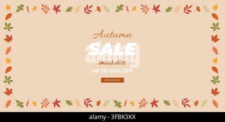 Herbst-Sale-Banner mit Herbst-SALE-Angebot NUR NOCH BEIGRENZTES ANGEBOT BIS ZU 50 RABATT Text und JETZT BESTELLEN-Button, eingerahmt von bunten Herbstblättern in Rot Stock Vektor
