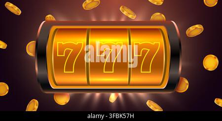Goldene Spielmaschine mit Glückssieben und fallenden Münzen für Casino-Design und Glücksspielkonzept. Vektorillustration Stock Vektor