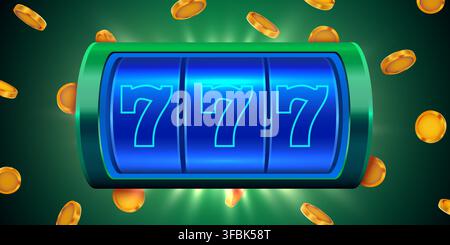 Spielautomat mit Lucky-Seven-Jackpot und fallenden Goldmünzen auf grünem Hintergrund. Vektorillustration Stock Vektor
