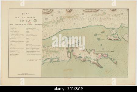 Eine Manuskriptkarte von 1784 von M. le chevalier de la Mothe de Solminhiac, einem Kartographen, die die Insel und Festung von Bombay zeigt, zusammen mit den umliegenden Inseln Salsette und Trombay, und detailliert die Unterwassermessungen, Buchten, Festungen, Salzwerke und bewirtschafteten Gebiete in der Region Maharashtra, Indien. Stockfoto