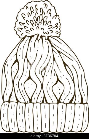 Wintermütze Zeichnung im Vektor-Linienstil mit gestrickter Textur und Pompon-Detail. Illustration für Karte, Verpackung, Textil, Tapete, Dekor, Weihnachten Stock Vektor
