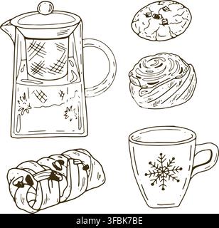 Tee-Ei, Teetasse und verschiedene Gebäckillustration mit dekorativen handgezeichneten Details, geeignet für Verpackungen, Speisekarten, Café-Branding, Rezepte, Etikett Stock Vektor