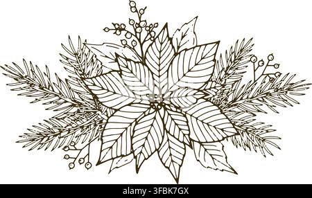 Poinsettia- und Kiefernzweigdarstellung in Aquarelltechnik mit Winterbeeren, botanische Feiertagsillustration für Postkarte, Verpackung, Textil, Wandp Stock Vektor